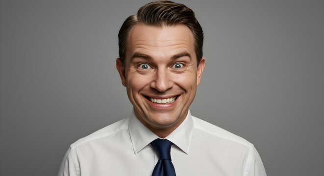 Man in white shirt and tie, wide-eyed manic grin, studio portrait