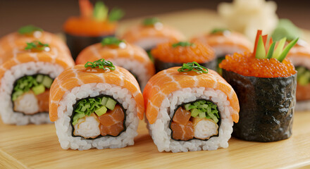 Salmon Sushi Rolls with Ikura and Vegetable Garnish on Wooden Board