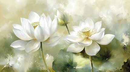 Delicate white lotus blossoms in soft pastel hues.