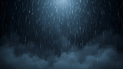 Falling raindrops footage animation in slow motion on dark black background with fog, lightened from top, rain animation with start and end, perfect for film, digital composition, projection mapping