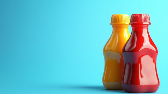 Two colorful condiment bottles on a teal background