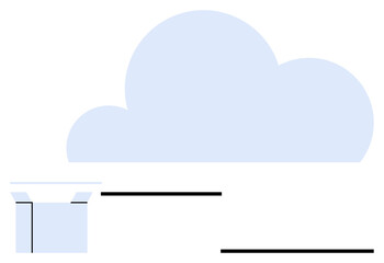 Cloud shape above a stylized data center with connecting lines suggesting cloud storage, networking, technology, and innovation. Ideal for IT systems, secure data, communication, backups, cloud