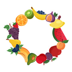 Colorful vector wreath of tropical fruits like banana, kiwi, orange, fig, watermelon, avocado, berries and grapes. Isolated on white. Perfect for healthy food, summer and eco themed designs