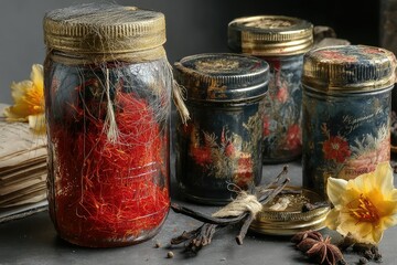 Vintage Jars of Saffron and Vanilla Beans