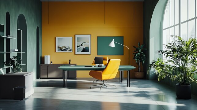Modern office interior design with yellow chair desk and plants for creative workspace inspiration