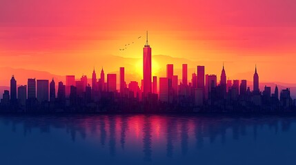 Fototapeta premium Vibrant city sunset reflected on water