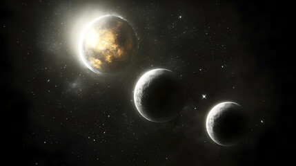 Naklejka premium Three Glowing Planets In Dark Space
