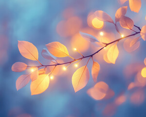 Soft-focus image of fall leaves, lit by warm fairy lights, soft pastel colors.  Delicate branches with leaves bathed in golden light