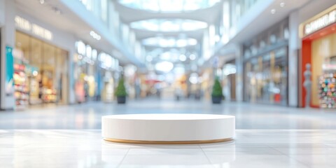 a white podium on the floor of a modern shopping mall with empty stores in the background 