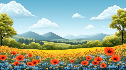 Obraz premium Scenic meadow with wildflowers and distant mountains