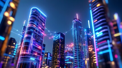 Naklejka premium Futuristic Smart City, Neon Towers, Network - Metaverse/Virtual Worlds