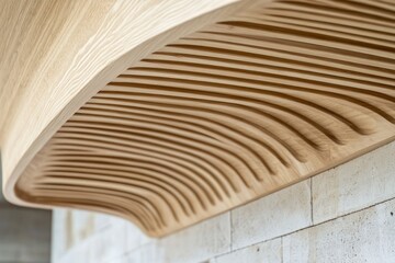Abstract Wooden Ceiling Design with Curved Slats and Stone Wall