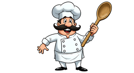 Cartoon chef character with big mustache and white uniform holding a wooden spoon, isolated on white background