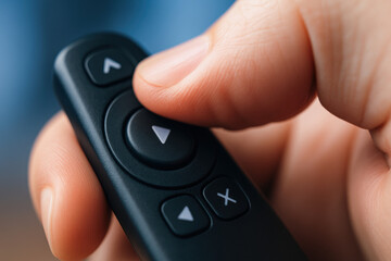 Close up of hand pressing button on black remote control device highlighting mechanical precision and consulting ease in operation