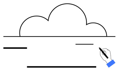 Hand sketching large outlined cloud and straight black lines, evoking creativity, cloud storage, technology, brainstorming, simplicity, data sharing, innovation. Ideal for concepts in teamwork