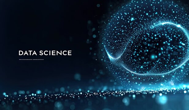 A radiant sphere formed of glowing dots illuminates the darkness, hinting at data science