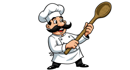Cartoon chef character with big mustache and white uniform holding a wooden spoon, isolated on white background