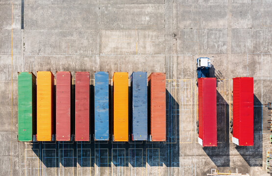 Colorful Shipping Containers Aerial View at Freight Yard