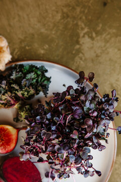 Beautiful fresh produce, including beetroot and mushrooms.