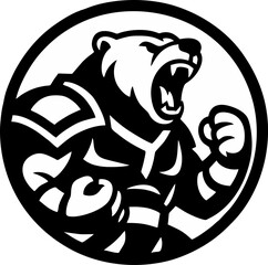 Bear Power Illustration A striking stylized illustration of a fierce bear emblem in a circle exuding strength and raw power, perfect for sports teams logos and design projects.