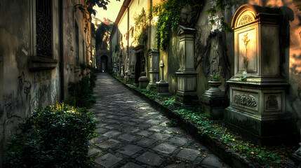 Fototapeta premium Cobblestone Alleyway Through Historic Italian Graveyard