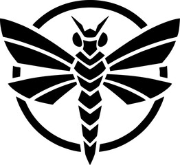 Dragonfly Emblem A captivating monochrome emblem of a dragonfly its delicate wings spread wide encased in a perfect circle represents nature's elegance and balance.