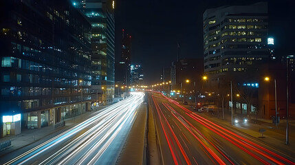 Obraz premium Night City Highway With Blurry Motion Traffic Lights