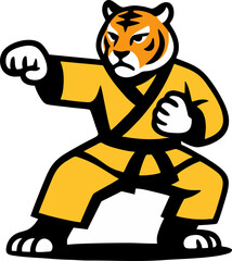 Tiger Karate Master A fierce tiger in a yellow karate gi with a black belt delivers a powerful punch showcasing the strength and agility of martial arts.