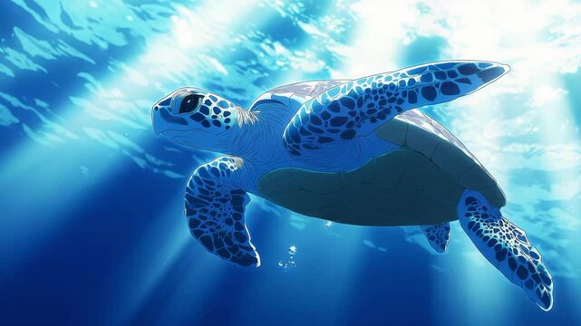 Baby Blue Sea Turtle in Ocean with Anime Style
