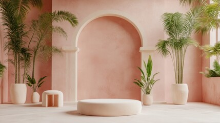 Minimalist, blush-toned room with archway and plants.