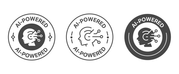 AI-Powered Badge Icons with Human Head and Circuit Symbols for Tech and Innovation Labels, Vector Illustration