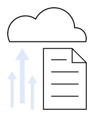 Cloud above document with three upward arrows symbolizing data transfer. Ideal for technology, storage, cloud computing, file sharing, security, data management, innovation. Flat simple metaphor