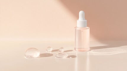 Serene serum dropper bottle, clear liquid, subtle blush tones
