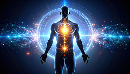 Glowing human silhouette with energy lines connecting to vibrant core, symbolizing vitality and interconnectedness