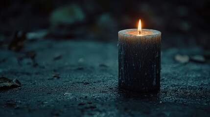 A flickering candle in darkness representing remembrance and grief.