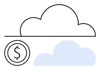 Cloud outline with blue cloud below and coin featuring dollar sign. Ideal for technology, cloud storage, finance, innovation, internet services, business investment, simple landing page