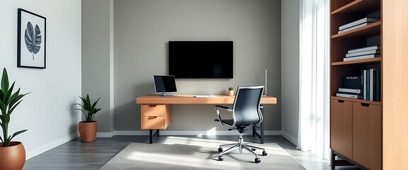 Fototapeta premium home office with a desk, chair, and television