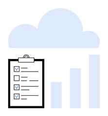 Checklist with checked boxes beside bar chart and a cloud symbol. Ideal for productivity, data storage, cloud computing, organization, analytics, task planning, simple landing page