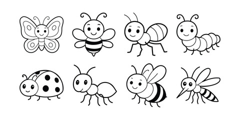 Insects Bee, Butterfly, Ladybug, Ant Outline for Kids Coloring Page