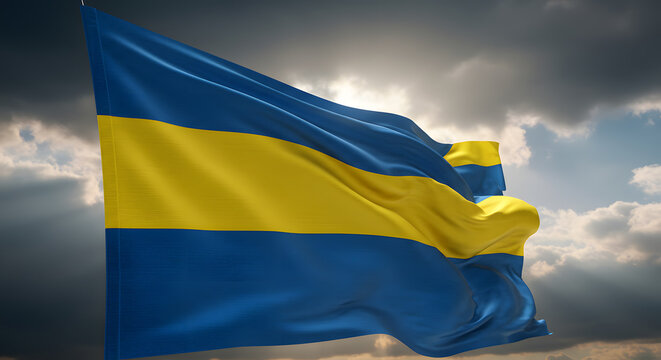 Waving Flag of Friesland Against Cloudy Sky with Sun Rays