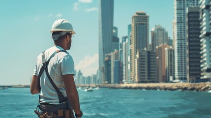 Obraz premium an engineer views the city from the top of a building