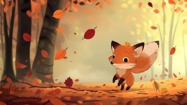 Animated fox cub in autumnal forest with falling foliage in dreamy, whimsical style