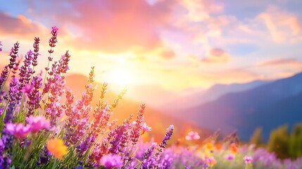 Naklejka premium Vibrant Lavender Field at Sunset on a Hilltop