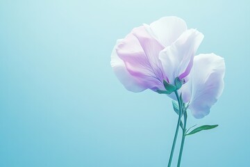 Fototapeta premium Delicate, pastel-toned flowers against a soft, light blue backdrop.