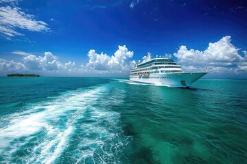 A white cruise ship sails on the turquoise ocean creating a beautiful foamy wake