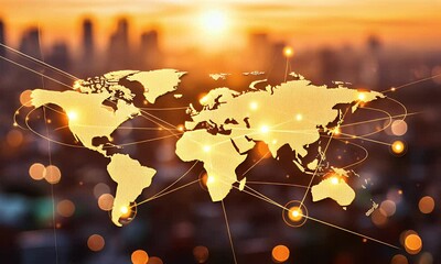  A world map with global connections, symbolizing the interconnectedness of all the planet's people and countries, with a golden color theme and a blurred cityscape background. - Powered by Adobe