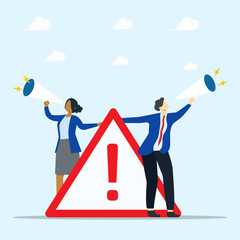 Business team announce on megaphone with attention exclamation sign. Important announcement concept. Breaking news or urgent message communication. 