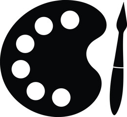 Fototapeta premium Black silhouette showcases an artist's palette filled with paint spaces and a classic paintbrush