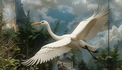 Elegant White Birds in Flight: Great Egret, Egret, and Crane