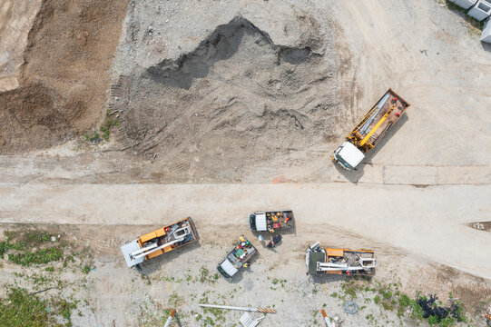 Aerial View of Construction Vehicles at an Construction Site